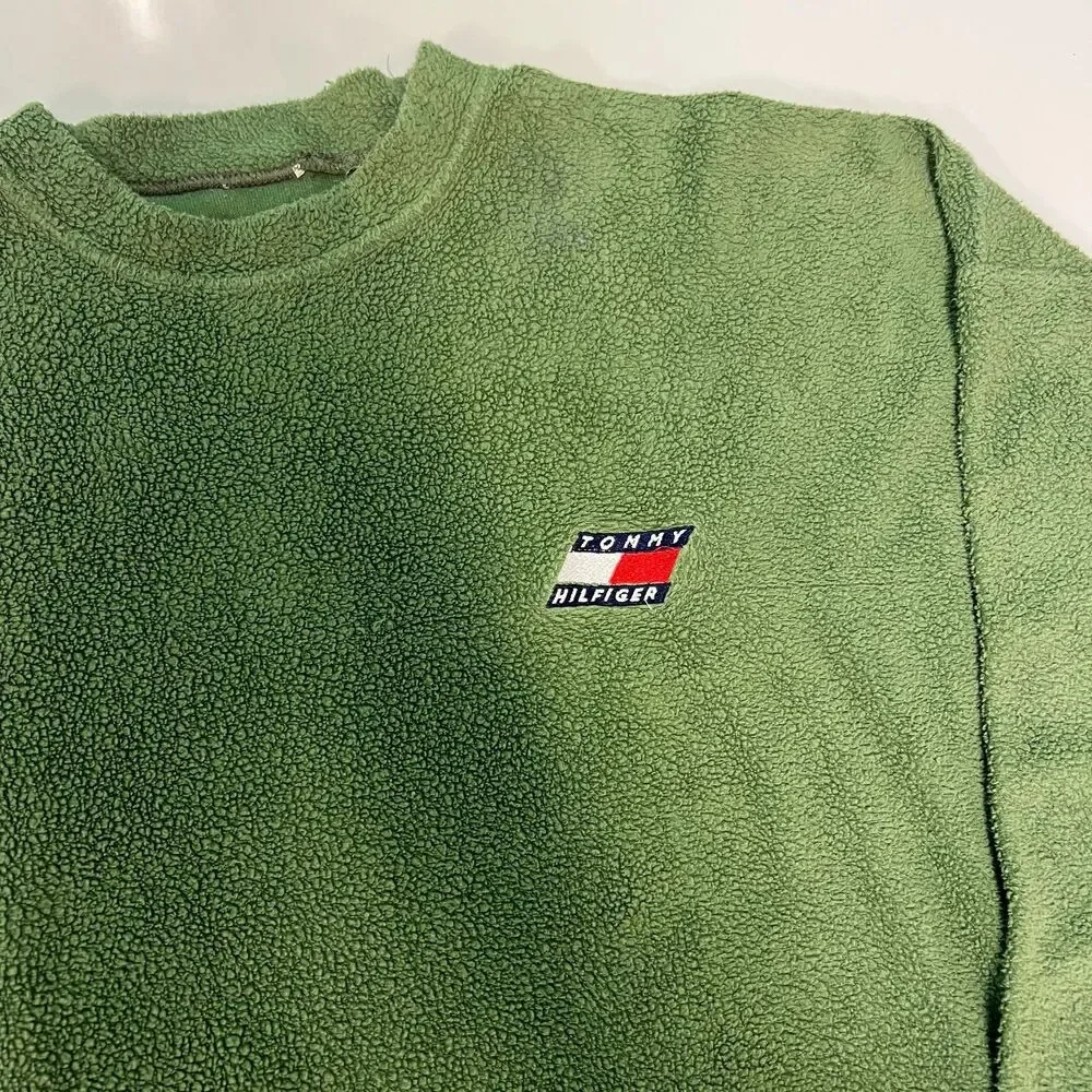 Vintage Tommy Hilfiger Fleece Sweater Mens XL Green Embroidered Flag Logo 90s